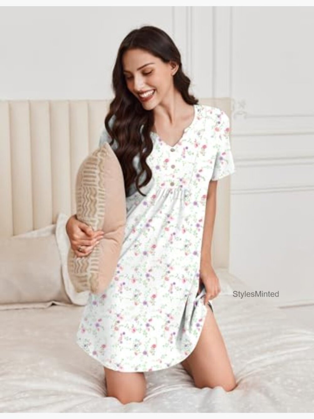 Cotton Nightgown Pleated Henley V Neck Sleepshirt Short Sleeve Sleepwear - Picture 5 of 7